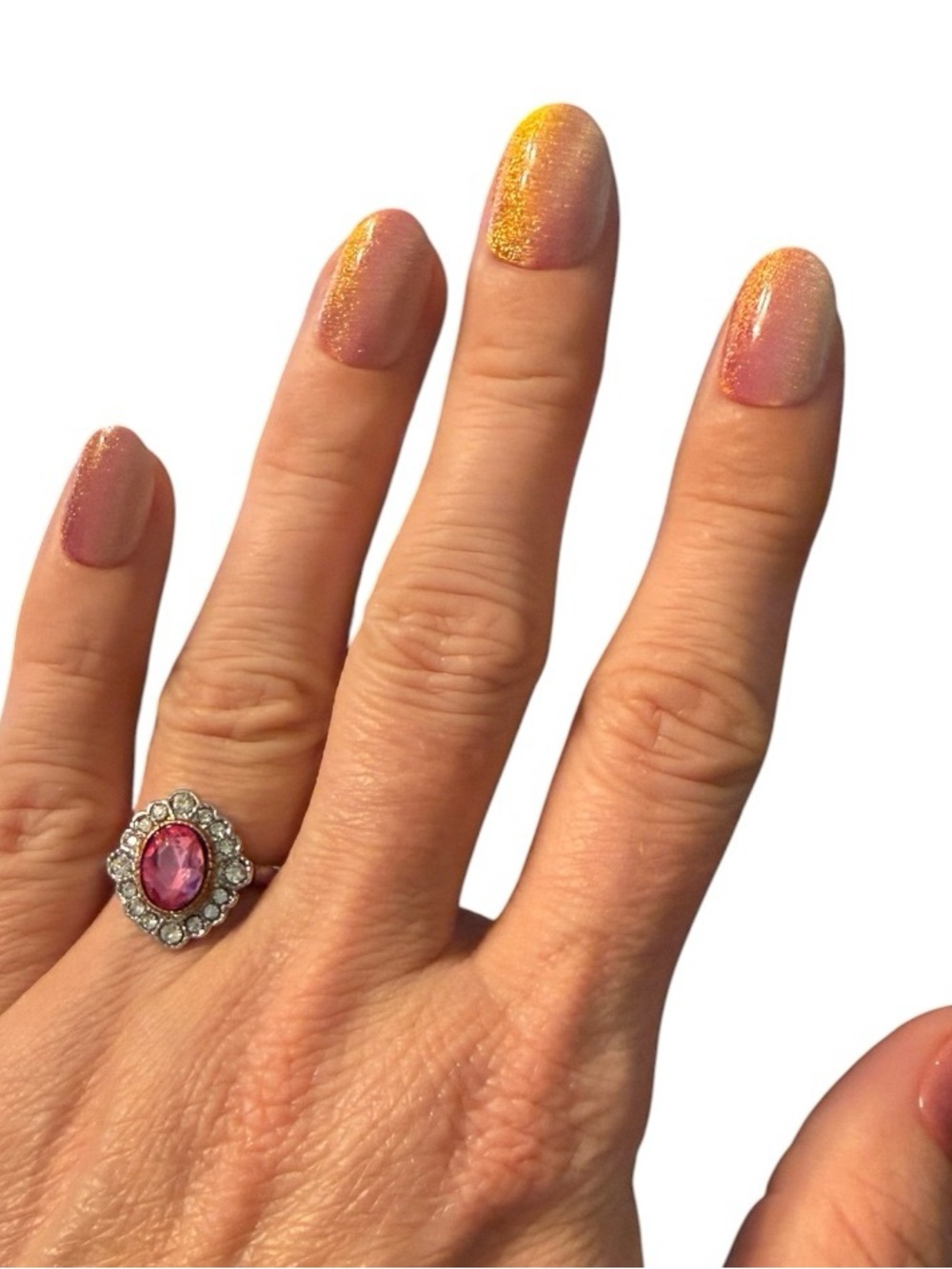 Pink Oval Halo Cocktail Ring w/Clear Crystal Accents- 925 Sterling Silver Size 5 - Picture 3 of 8